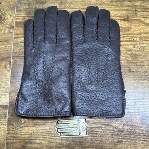 Vintage Mens Brown Leather Gloves Medium Faux Fur Lined Driving Lock Stitch